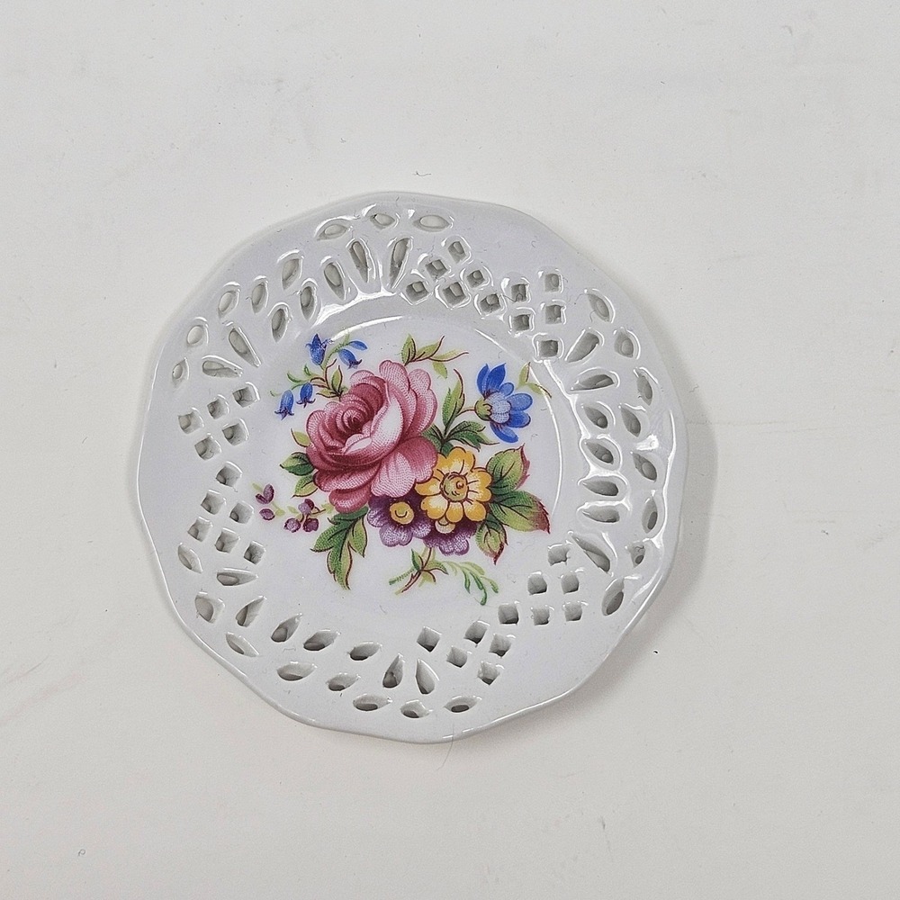 Vintage Royal Vale Reticulated Floral Miniature Plate 1960s Pierced Porcelain 3"